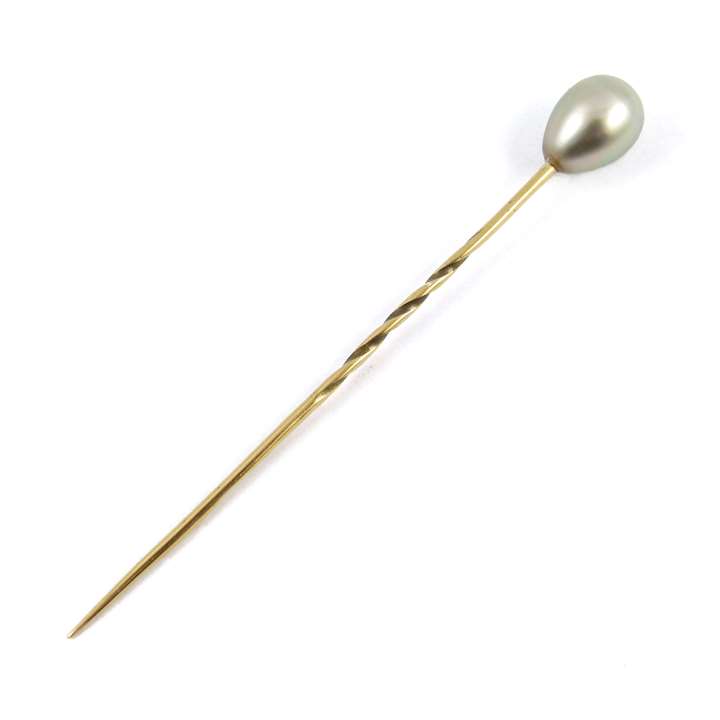 Antique silvery drop pearl stickpin, 3.39ct